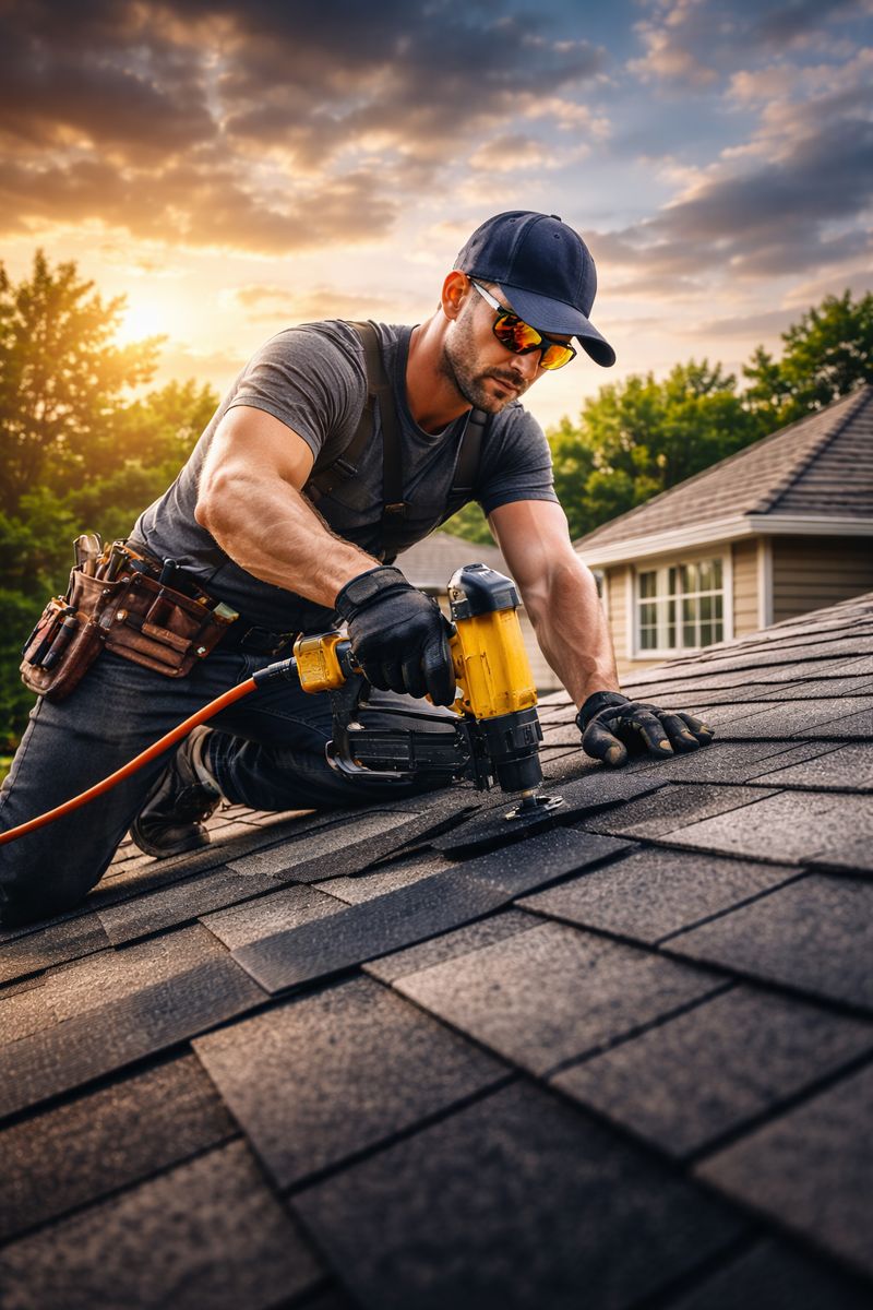 Professional roofer installing shingles at sunset
